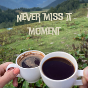 Hands clicking two cups of black coffee with a backdrop of a beautiful green mountain, drinking best coffee beans online so you never miss a moment