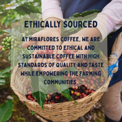 Coffee cherries being picked by a female farmer, showing high quality coffee beans,  with text showing at Miraflores Coffee we are committed to ethical and sustainable coffee with high tandards of quality and taste while empowering farming communities