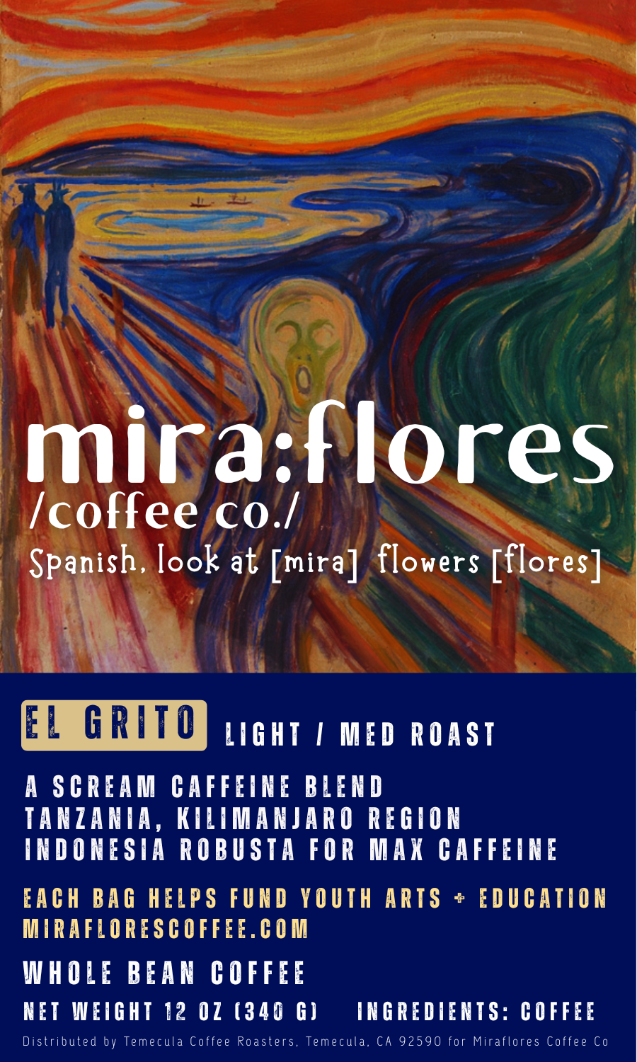 Specialty grade coffee label for Max Caffeine light roast with miraflores branding and art masterpiece The Scream by Edward Munch