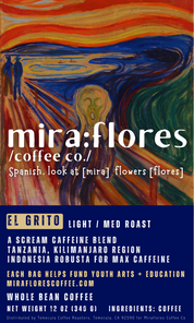 Specialty grade coffee label for Max Caffeine light roast with miraflores branding and art masterpiece The Scream by Edward Munch