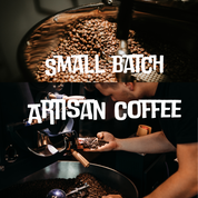 Coffee beans in a coffee roaster and a person roasting coffee with ambient colors showcasing the best beans online. Caption reads Small batch Artisan coffee.