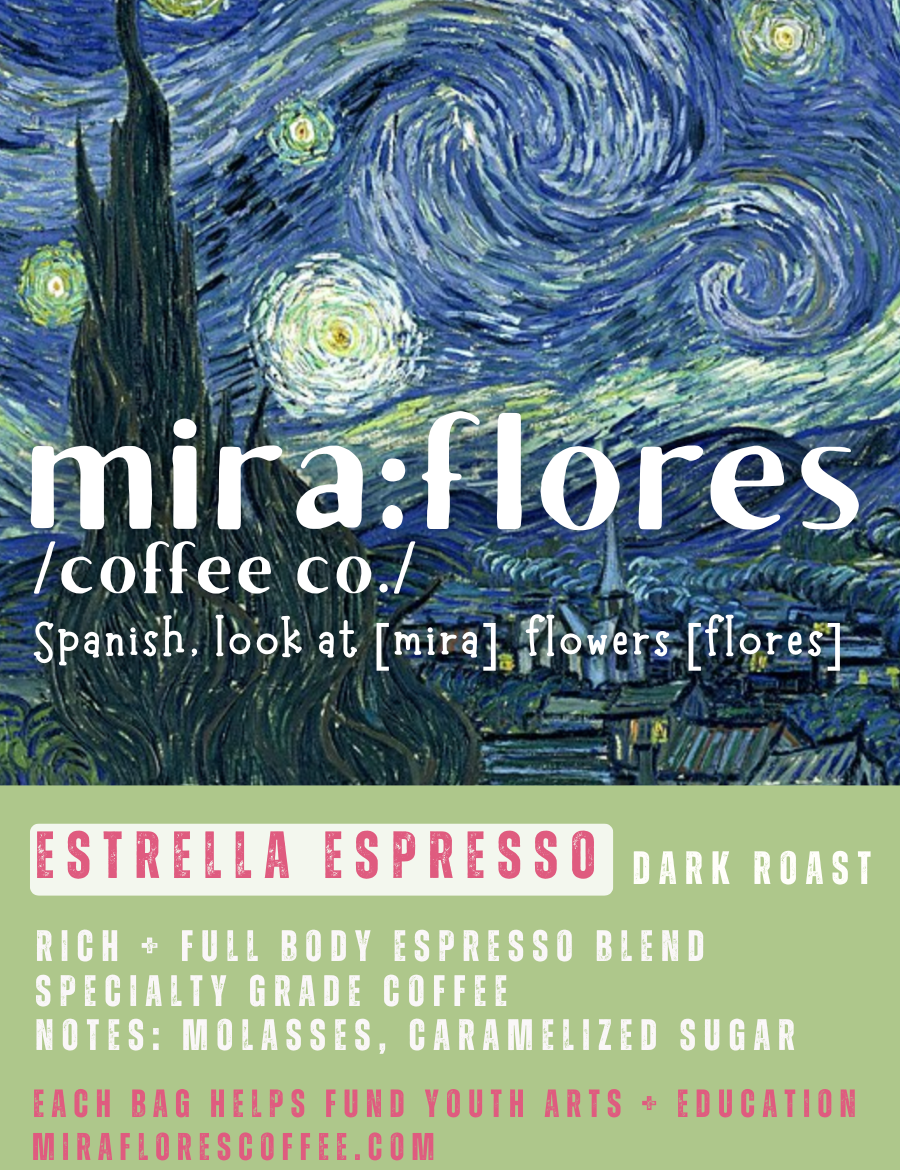 Specialty grade coffee label with Van Gogh's 'Starry Night' design and text about Mira Flores Coffee Co for Dark Roast espresso blend