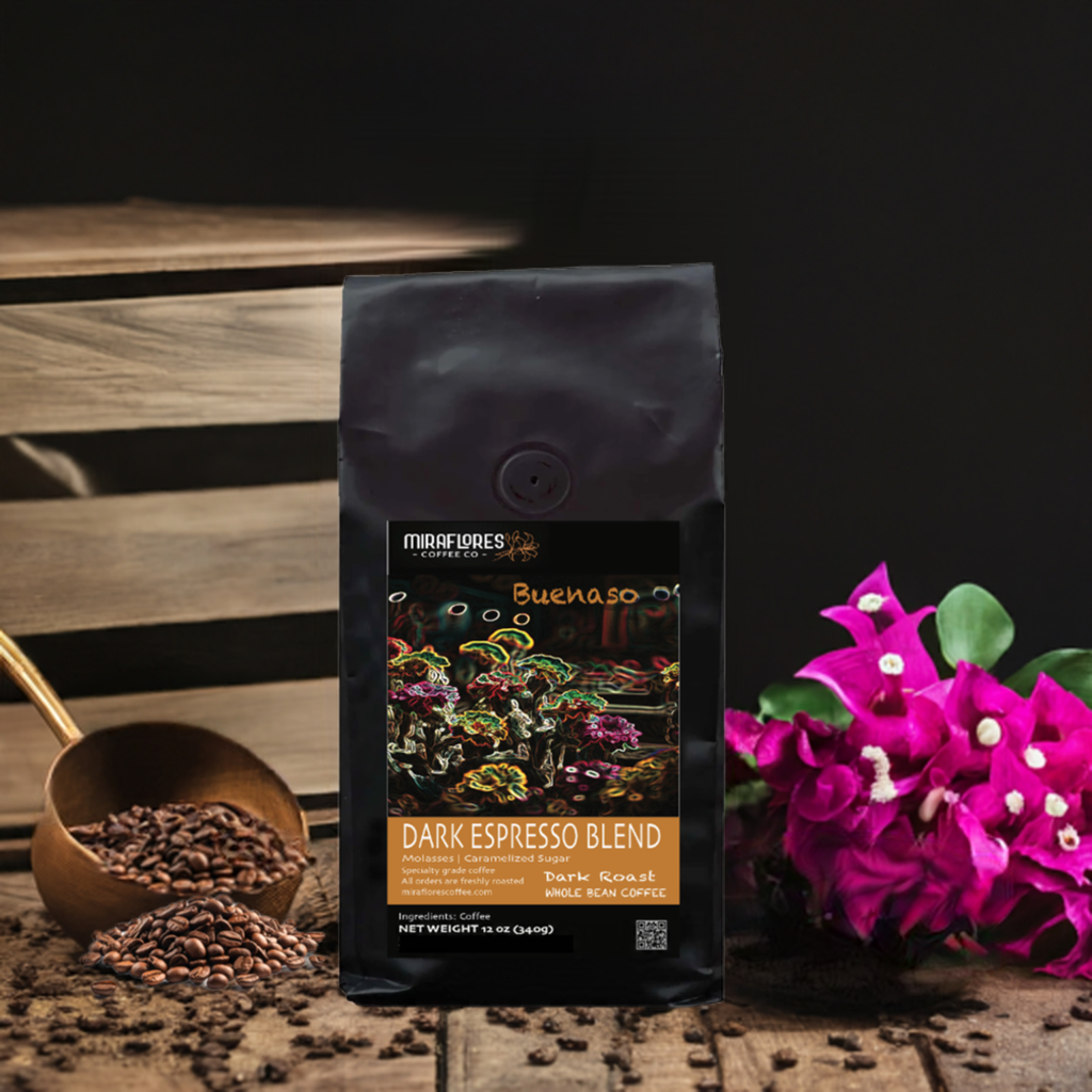 A bag of Buenaso Dark Espresso Blend coffee with a visual of coffee beans and a flower arrangement in the background.