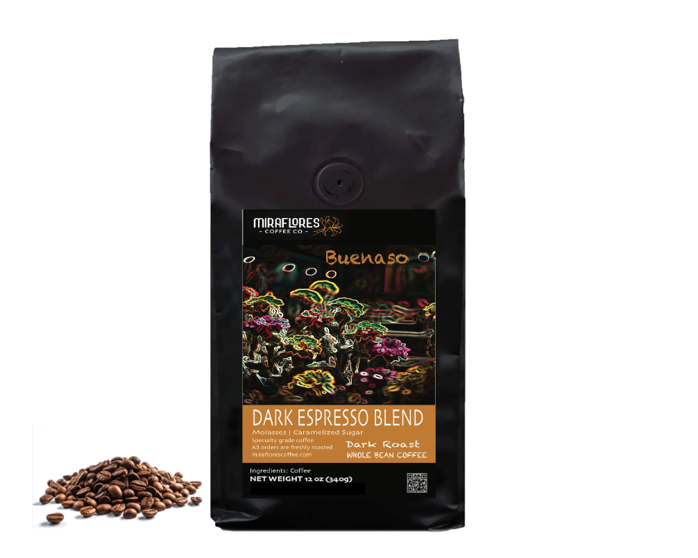 A bag of Buenaso Dark Roast Espresso Blend coffee label with a handful of whole coffee beans