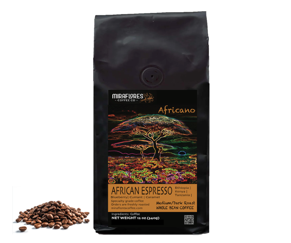 Bag of African espresso premium blend high quality coffee beans from Miraflores Coffee showing flavor notes of blueberry, currant and caramel. Bag is set alongside roasted coffee beans on.a white background