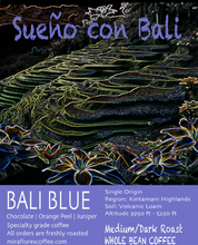 Bali Blue Single origin coffee label, flavor notes of chocolate, orange peel, and juniper.
