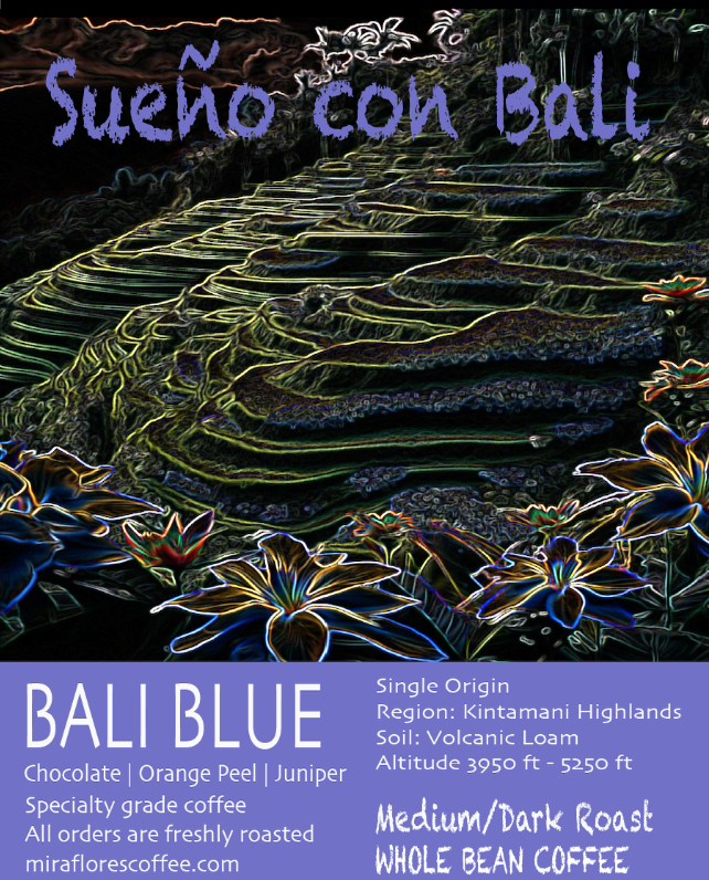 Bali Blue Single origin coffee label, flavor notes of chocolate, orange peel, and juniper.