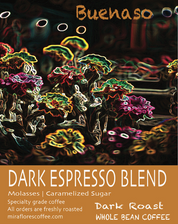 Buenaso Dark Roast Espresso Blend coffee label with flavor notes