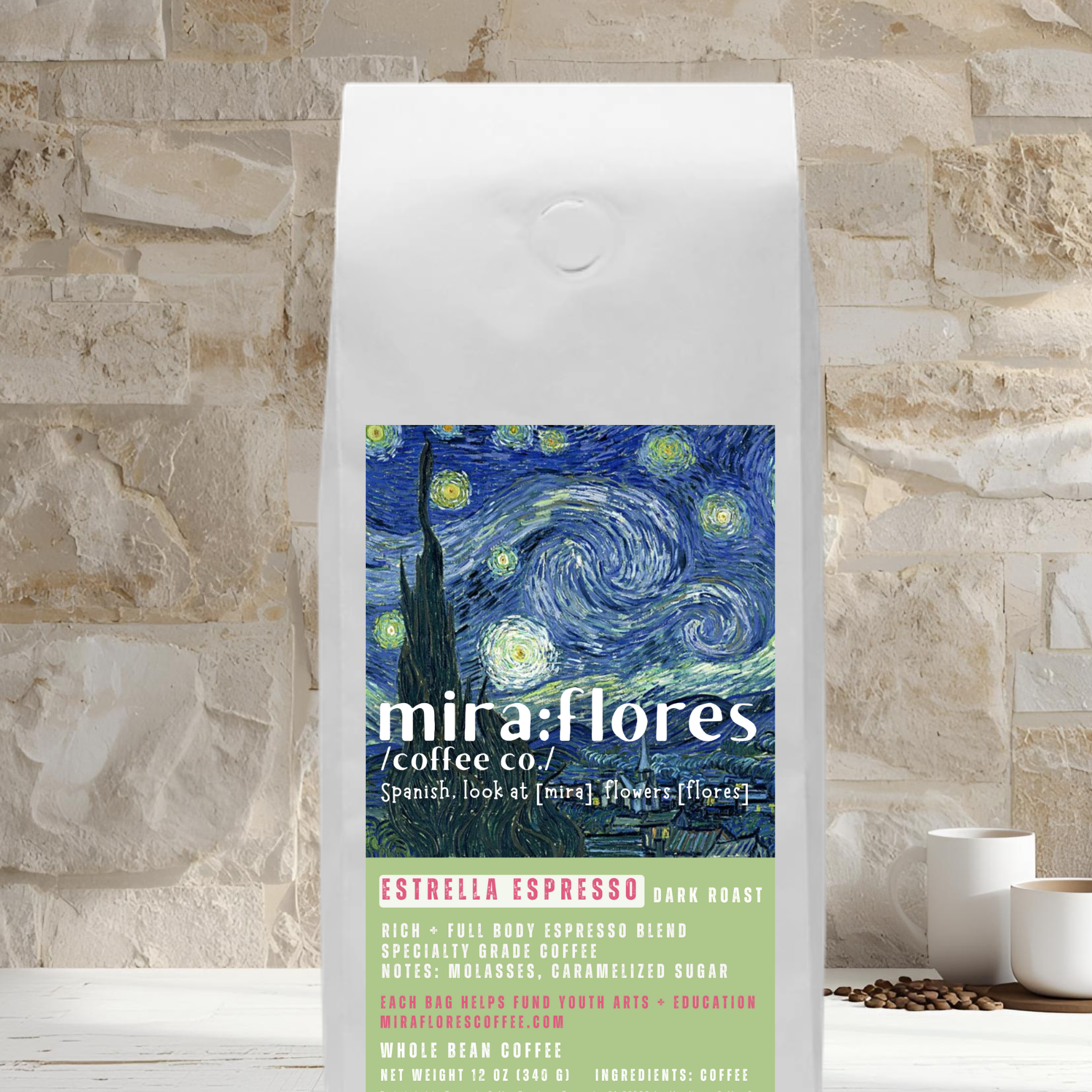 Specialty coffee bag for dark roast espresso with miraflores branding and art masterpiece The Starry Night by Vincent Van Gogh, set against a stone wall background