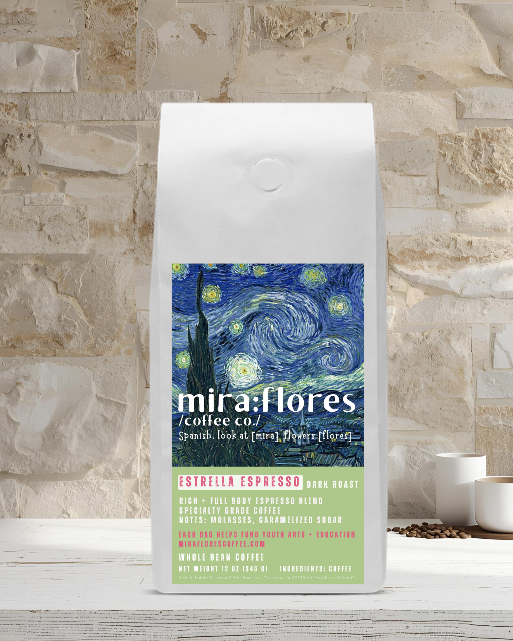 Specialty coffee bag for dark roast espresso with miraflores branding and art masterpiece The Starry Night by Vincent Van Gogh, set against a stone wall background