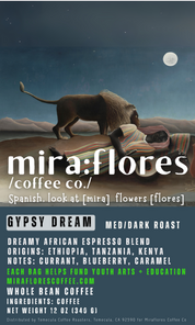 Specialty coffee label for a dreamy dark roast espresso made from beans from Africa, specifically Ethiopia, Kenya and Tanzania. It lists flavors notes of Currant, Blueberry and Caramel. The label has Miraflores Coffee branding and features art masterpiece The Sleeping Gypsy by Henri Rousseau.