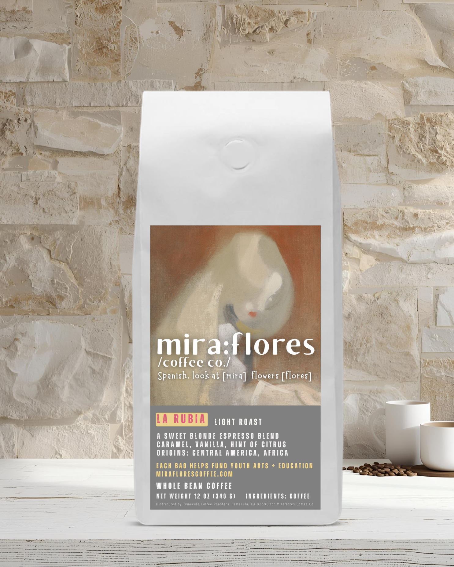 Specialty coffee bag for light roast medium roast sweet blonde espresso with miraflores branding and art masterpiece Girl with Blond Hair by Helene Schjerfbeck, set against a stone wall background