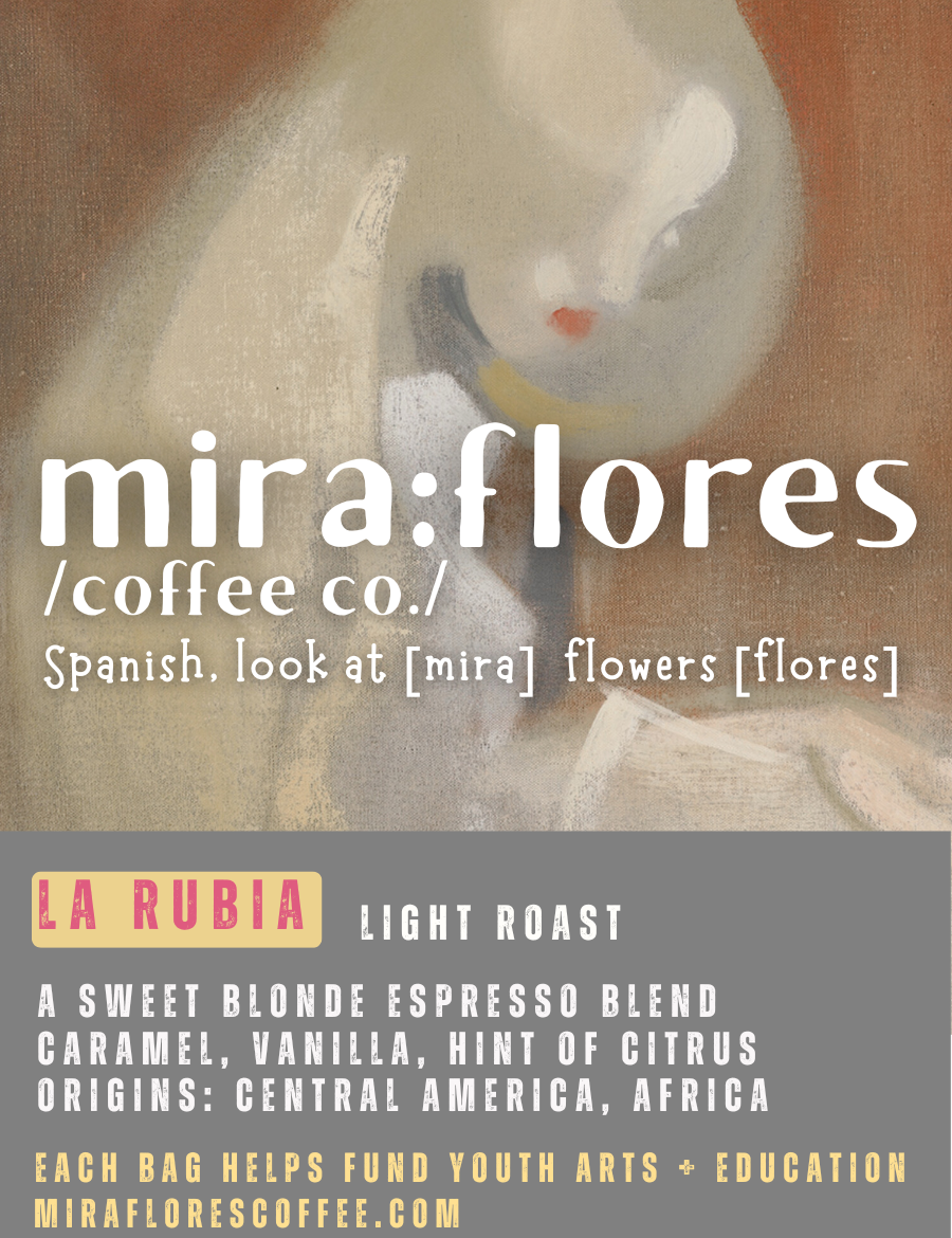 Specialty coffee beans label for light roast medium roast sweet blonde espresso with miraflores branding and art masterpiece Girl with Blond Hair by Helene Schjerfbeck
