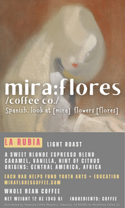 Specialty coffee beans label for light roast medium roast sweet blonde espresso with miraflores branding and art masterpiece Girl with Blond Hair by Helene Schjerfbeck
