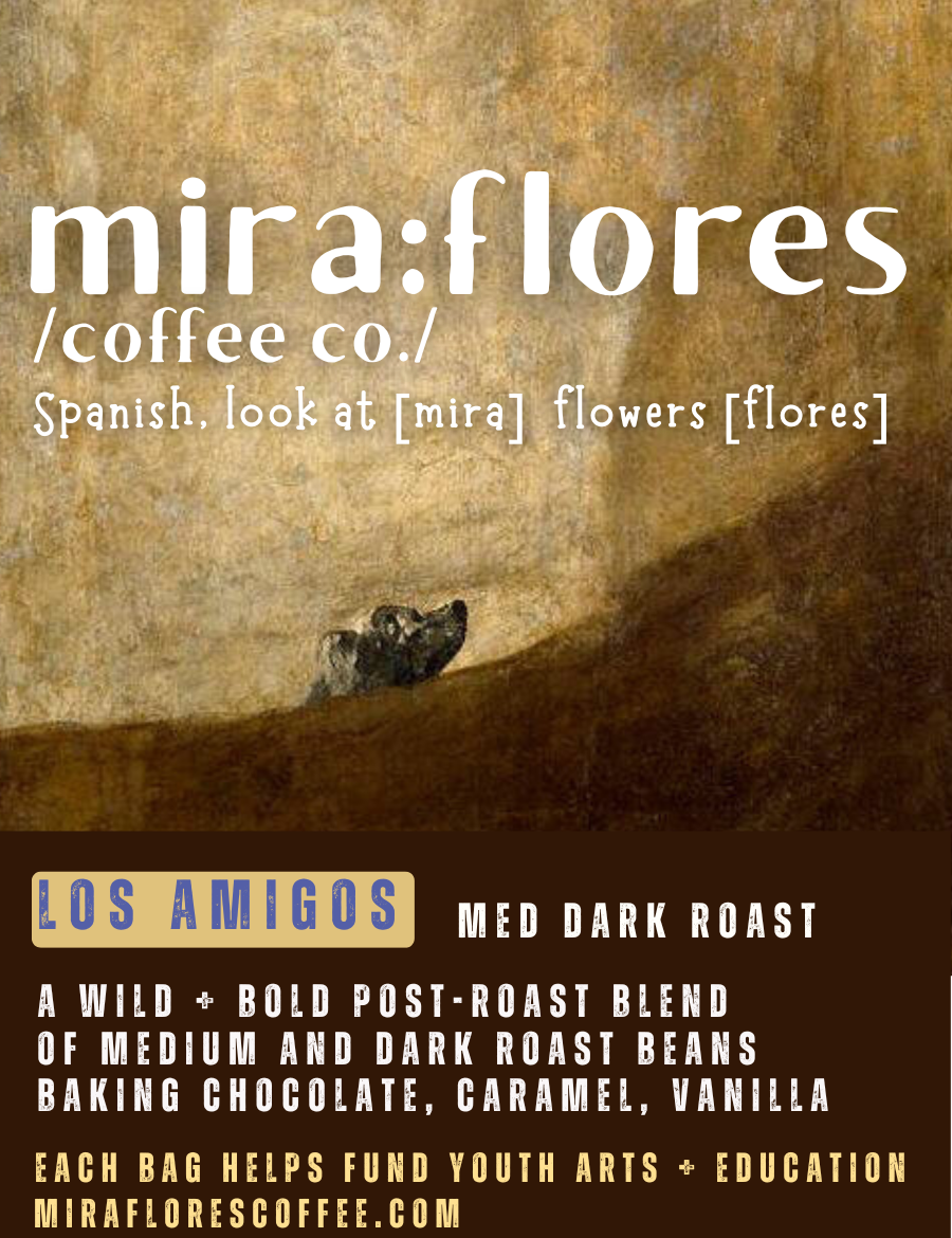 Specialty coffee bean label for medium roast and dark roast espresso cowboy blend with miraflores branding and art masterpiece The Dog by Francisco Goya