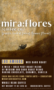 Specialty coffee bean label for medium roast and dark roast espresso cowboy blend with miraflores branding and art masterpiece The Dog by Francisco Goya