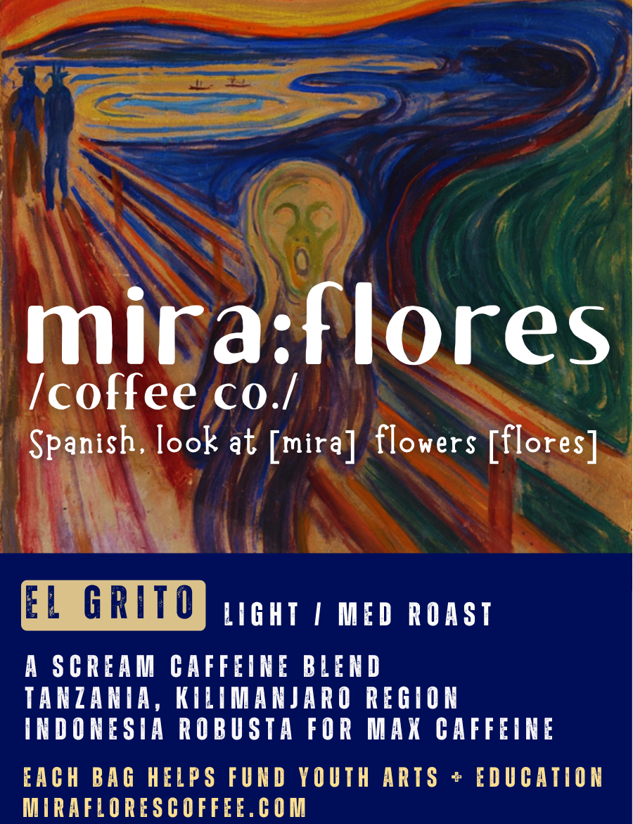 Specialty grade coffee label for Max Caffeine light roast with miraflores branding and art masterpiece The Scream by Edward Munch
