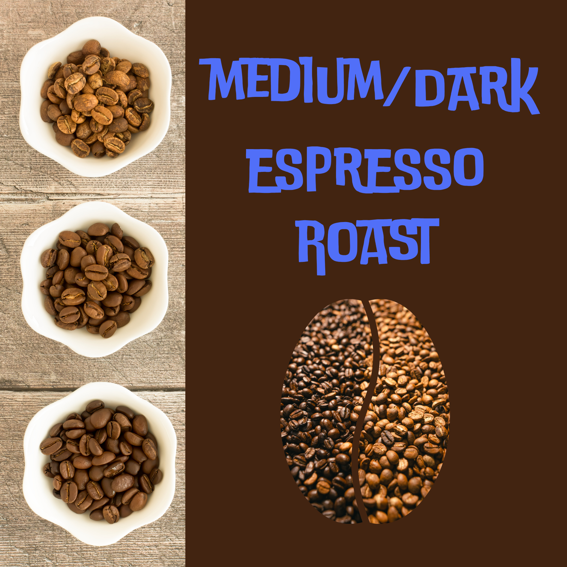 Three bowls of medium/dark espresso roast coffee beans on a wooden surface with text overlay that reads Medium Dark espresso roast