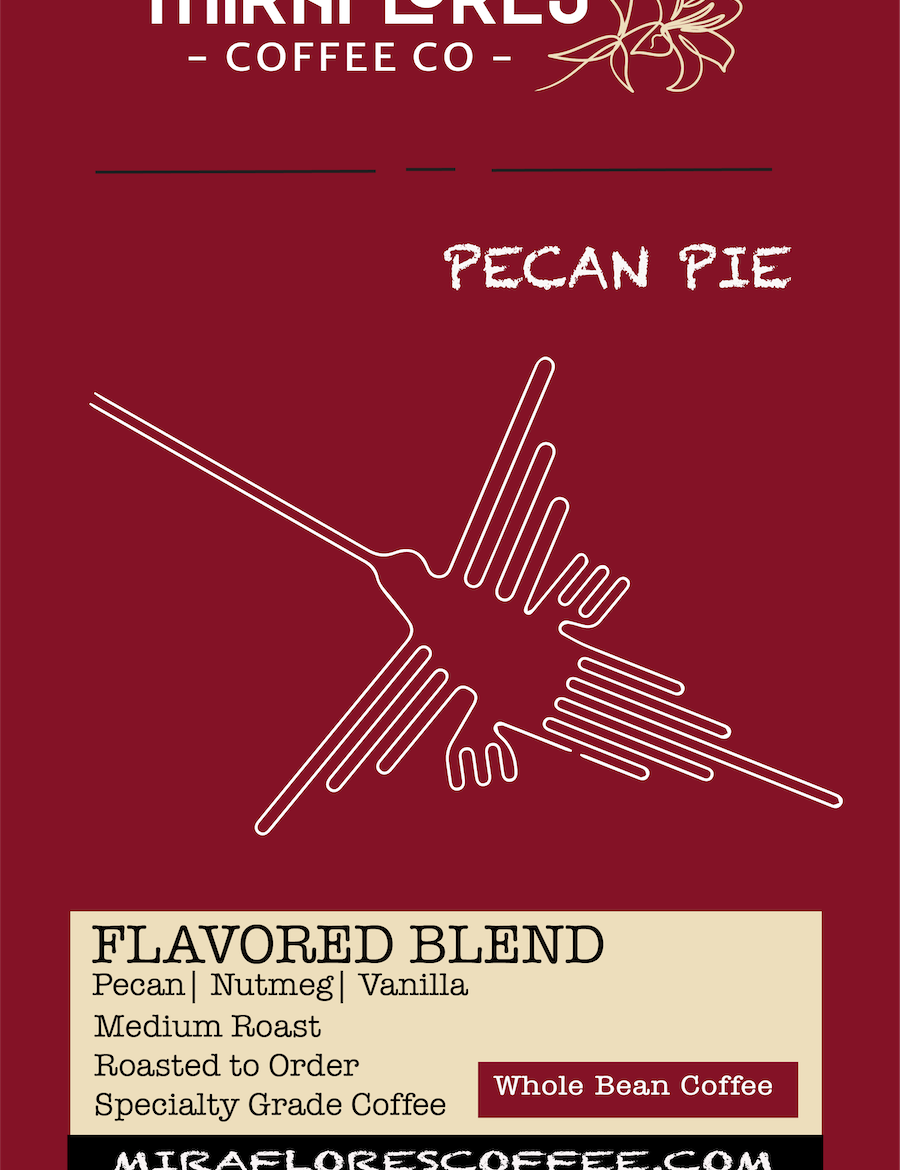 Pecan Pie Flavored Coffee Label with flavor notes and nazca lines graphic