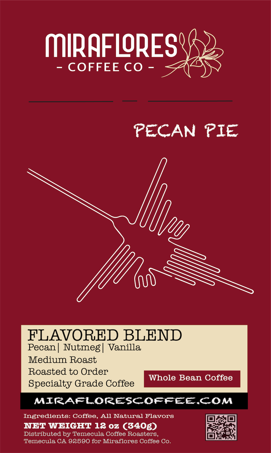 Pecan Pie Flavored Coffee Label with flavor notes and nazca lines graphic