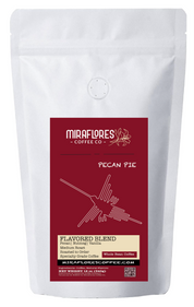 Pecan Pie Flavored Coffee bag with details of flavor notes and nazca lines graphic on label for Miraflores Coffee