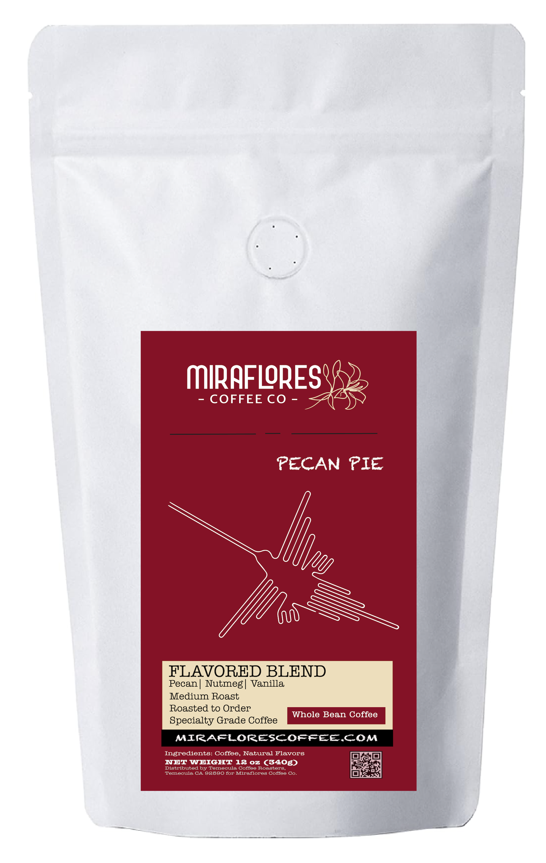 Pecan Pie Flavored Coffee bag with details of flavor notes and nazca lines graphic on label for Miraflores Coffee