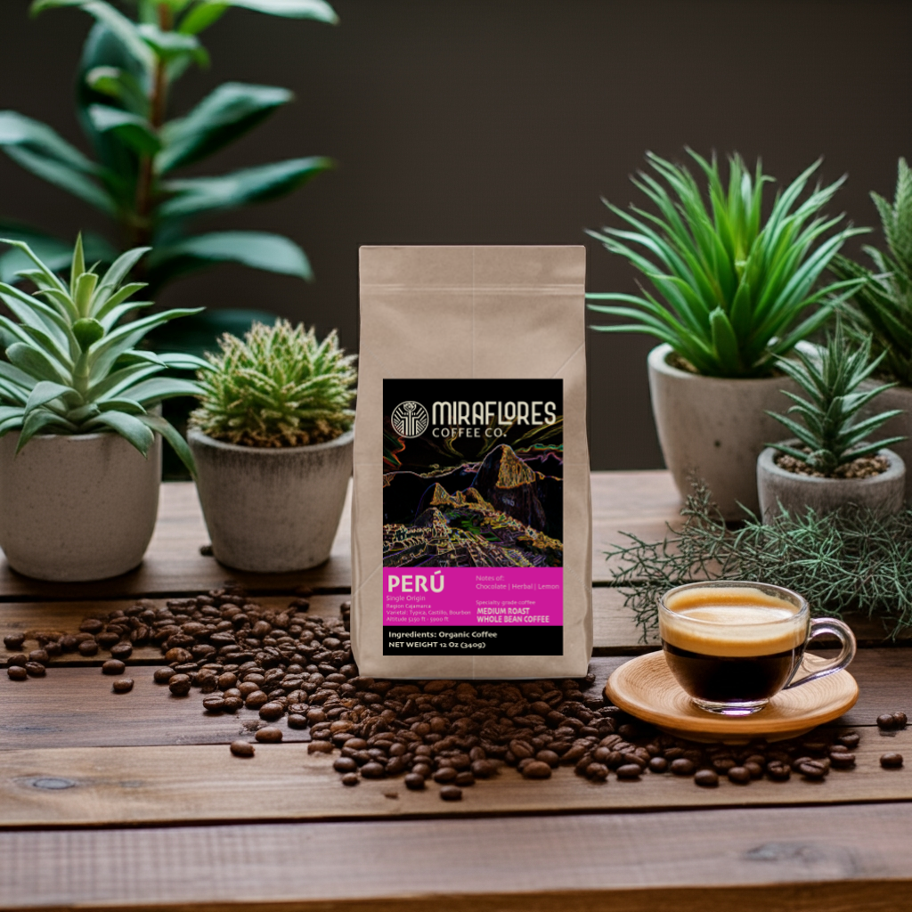 A bag of Peru single origin medium roast high quality coffee beans from Miraflores Coffee Co. sitting on a wooden table, next to an espresso and multiple plants