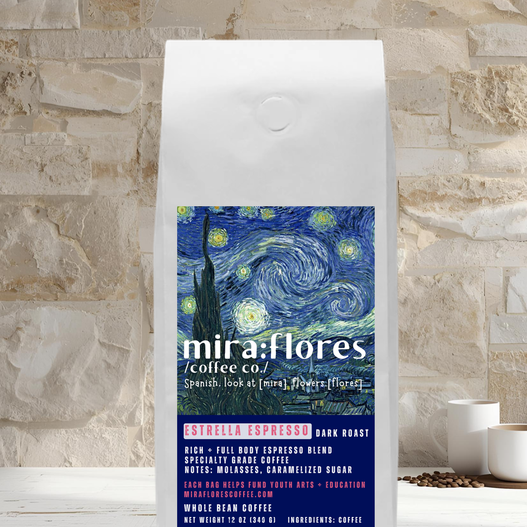 Specialty coffee bag for dark roast espresso with miraflores branding and art masterpiece The Starry Night by Vincent Van Gogh, set against a stone wall background