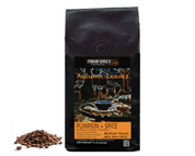 Bag of Autumn Leaves Pumpkin Spice Flavored Blend coffee from Miraflores Coffee showing flavor notes of pumpkin, spices and nutmeg. Bag is set alongside roasted coffee beans on.a white background