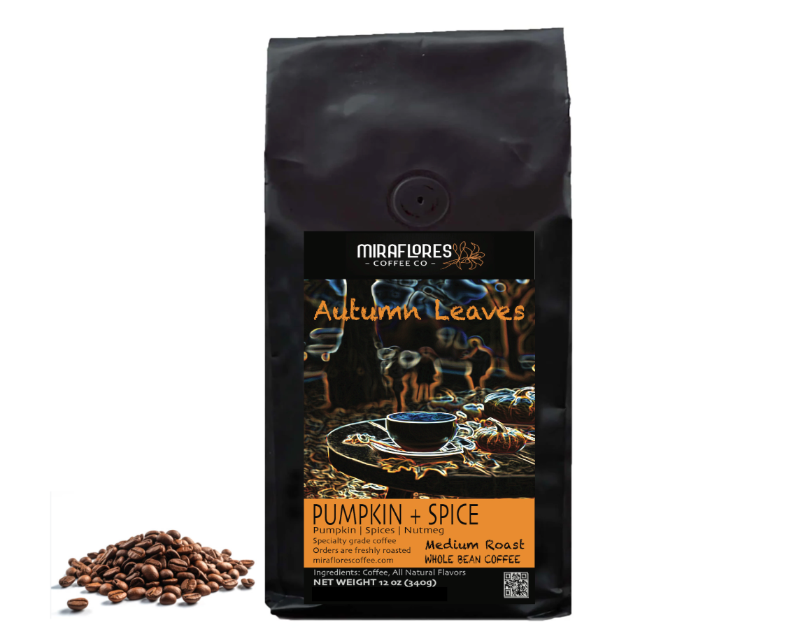 Bag of Autumn Leaves Pumpkin Spice Flavored Blend coffee from Miraflores Coffee showing flavor notes of pumpkin, spices and nutmeg. Bag is set alongside roasted coffee beans on.a white background