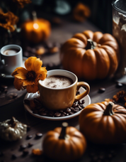 Cup of coffee, on a wooden table with multiple pumpkins and flowers